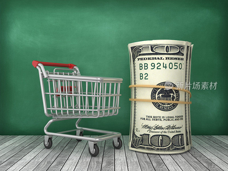 购物车与美元钞票滚动在黑板背景- 3D渲染